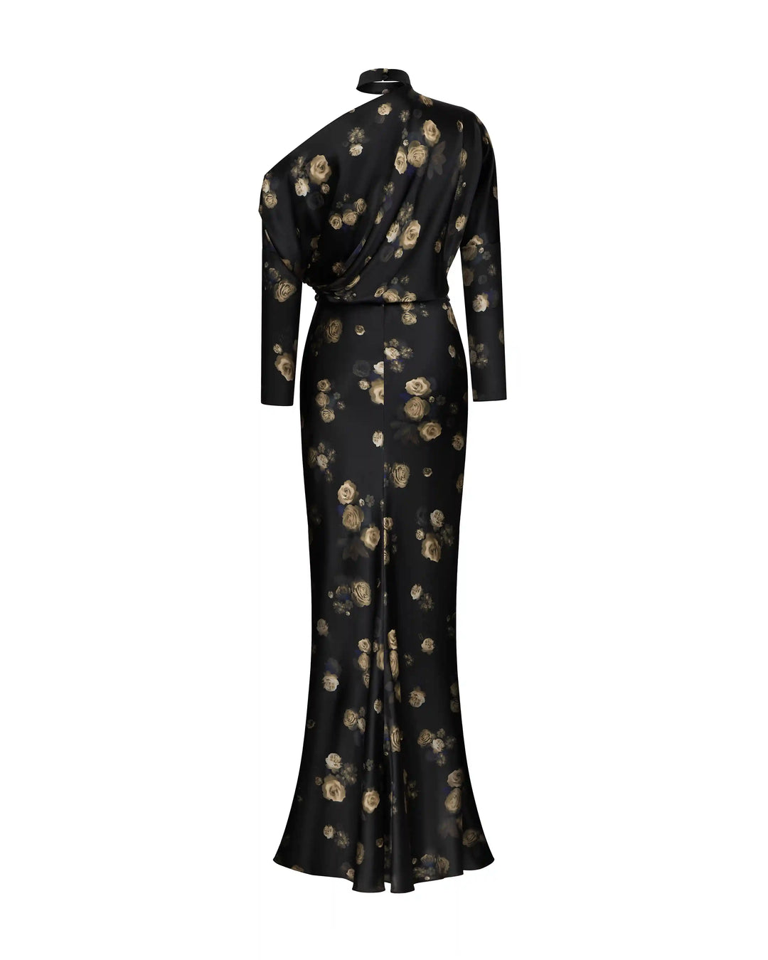 Anika maxi, maxi dress made of black satin with floral print