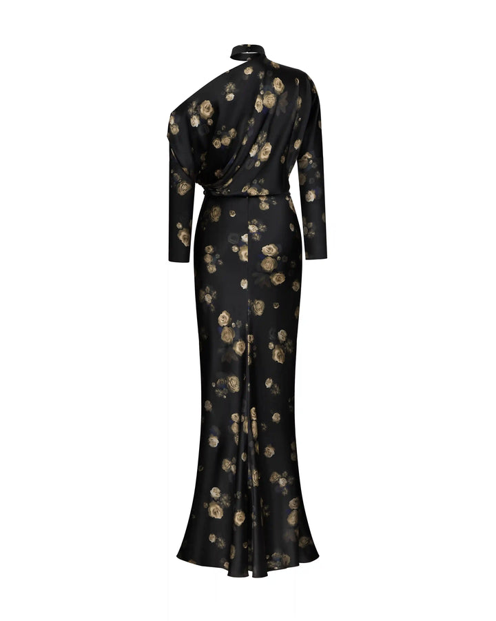 Anika maxi, maxi dress made of black satin with floral print