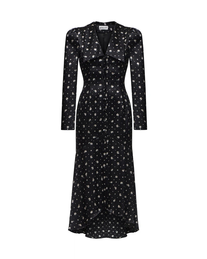 Audrice, midi dress made of black crepe de chine with small floral print