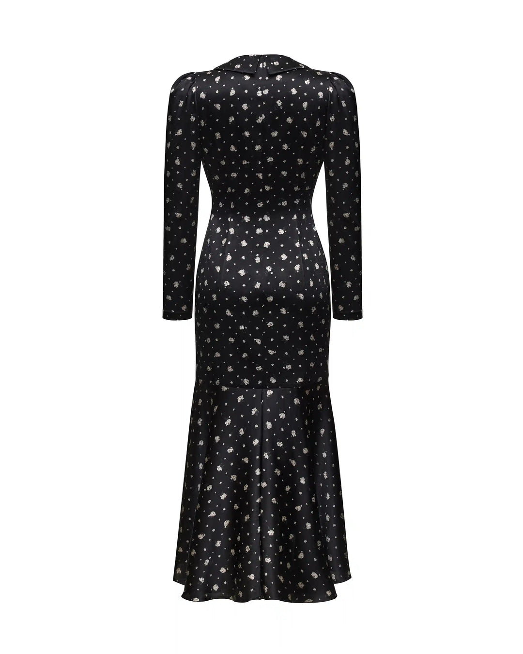 Audrice, midi dress made of black crepe de chine with small floral print