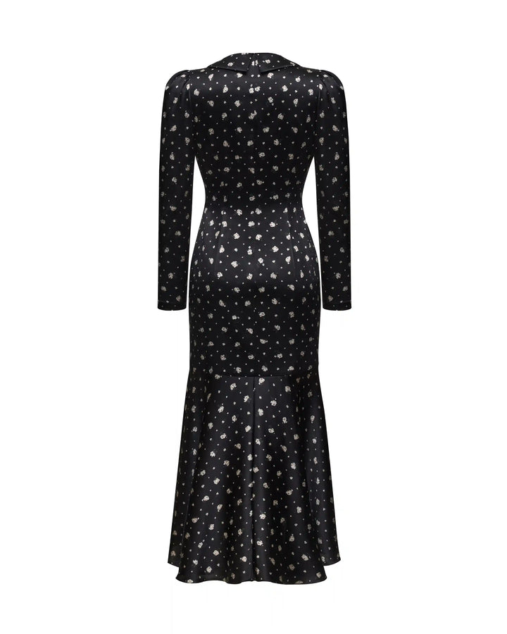 Audrice, midi dress made of black crepe de chine with small floral print