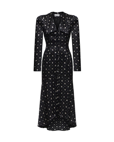 Audrice, midi dress made of black crepe de chine with small floral print