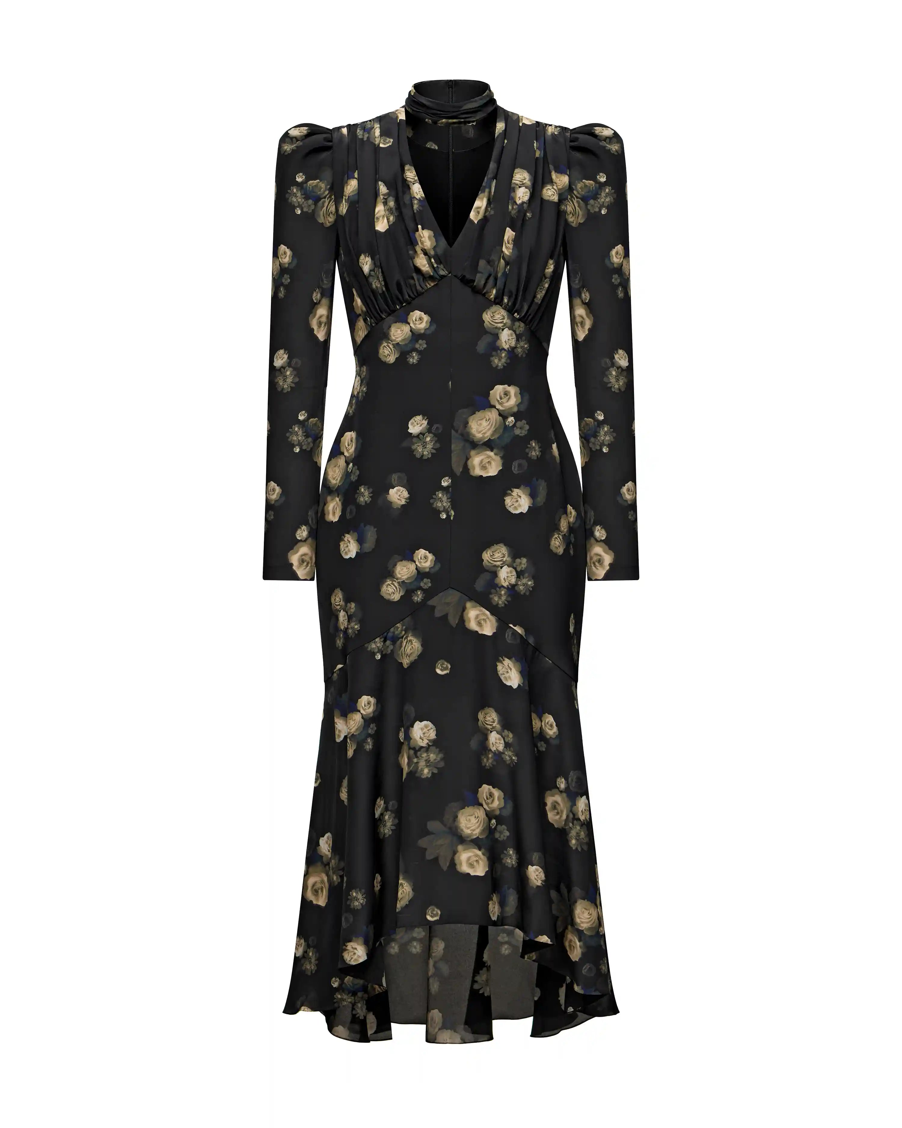 Beah, midi dress made of black crepe de chine with floral print