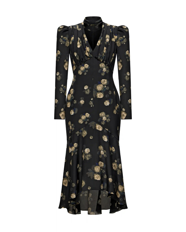 Beah, midi dress made of black crepe de chine with floral print