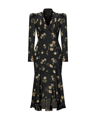Beah, midi dress made of black crepe de chine with floral print