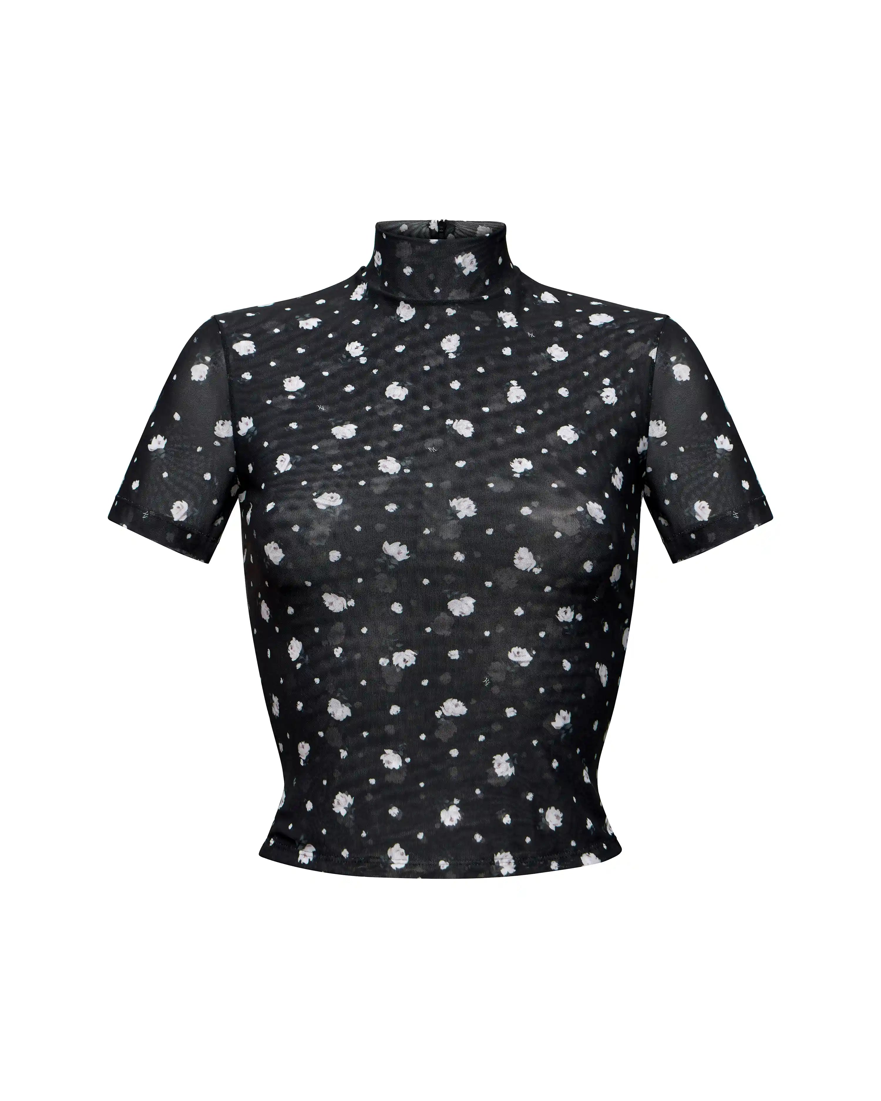 Billie, top made of black mesh with small floral print