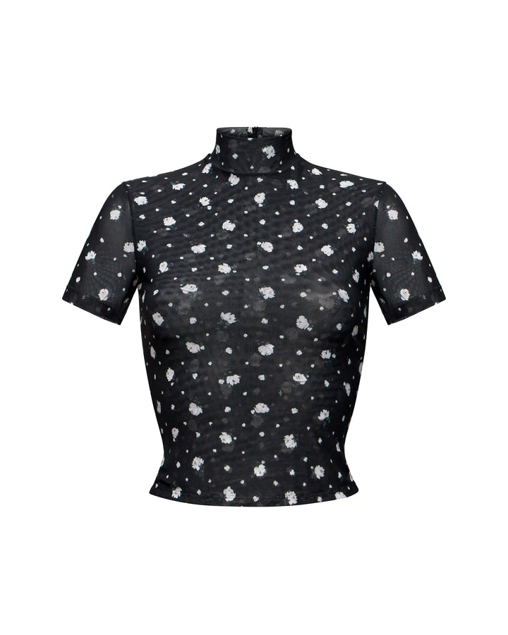 Billie, top made of black mesh with small floral print