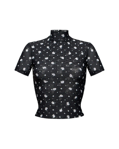 Billie, top made of black mesh with small floral print