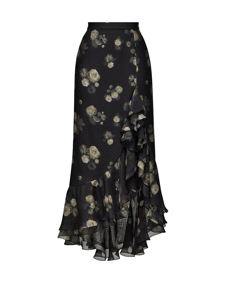 Carmen, midi skirt made of black chiffon with floral print