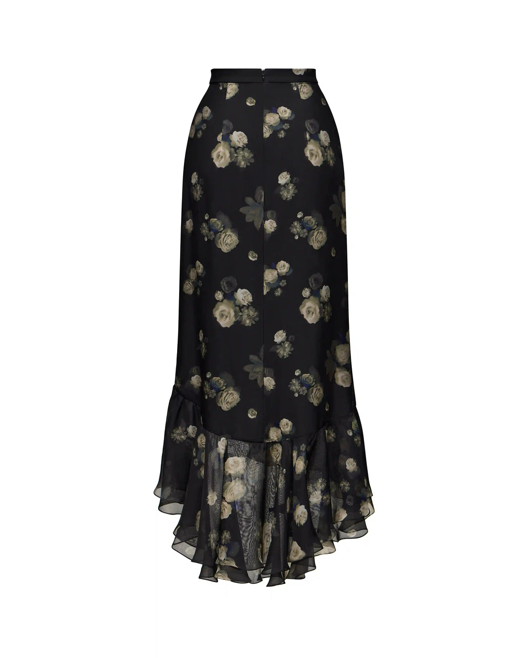 Carmen, midi skirt made of black chiffon with floral print
