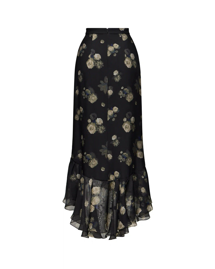 Carmen, midi skirt made of black chiffon with floral print