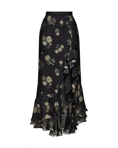 Carmen, midi skirt made of black chiffon with floral print