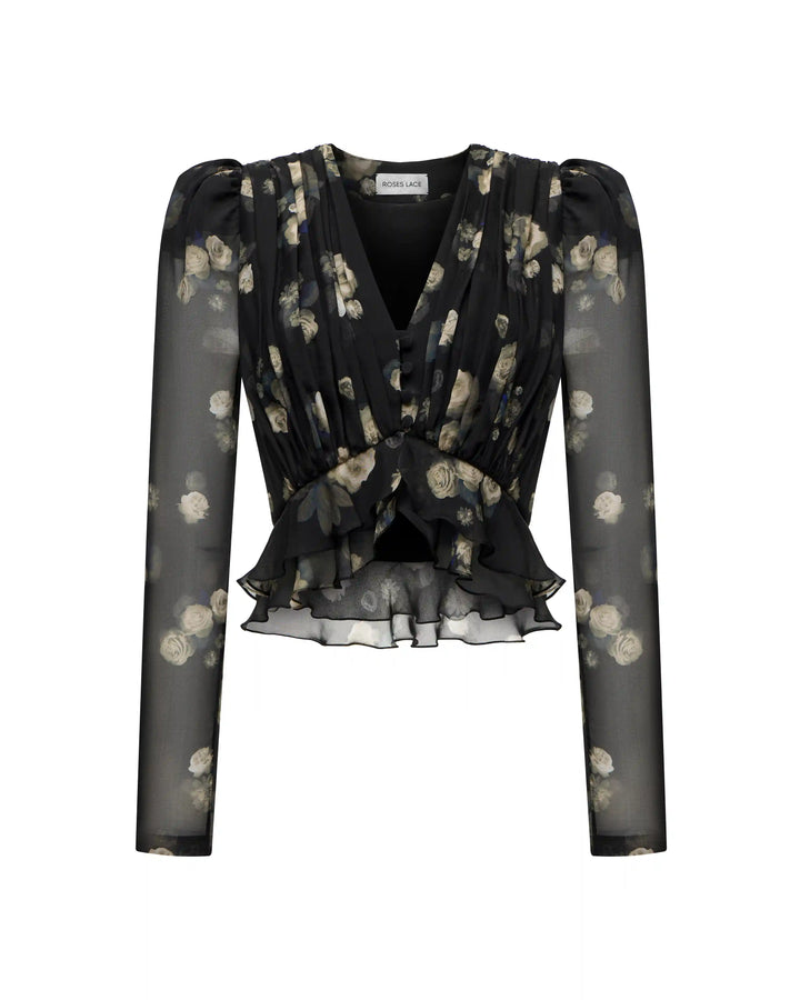 Carolina, blouse made of black chiffon with floral print