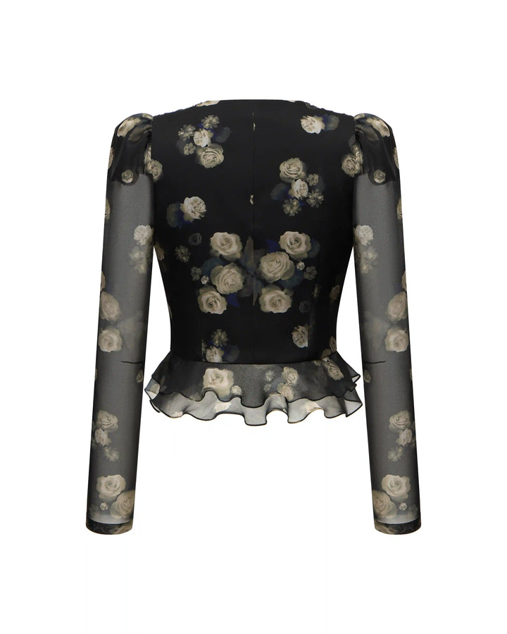 Carolina, blouse made of black chiffon with floral print