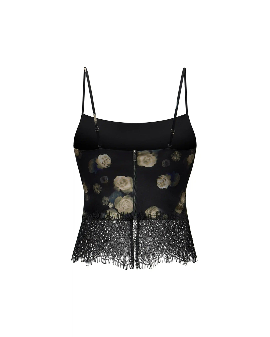 Cassie, top made of black chiffon with floral print and with lace trim