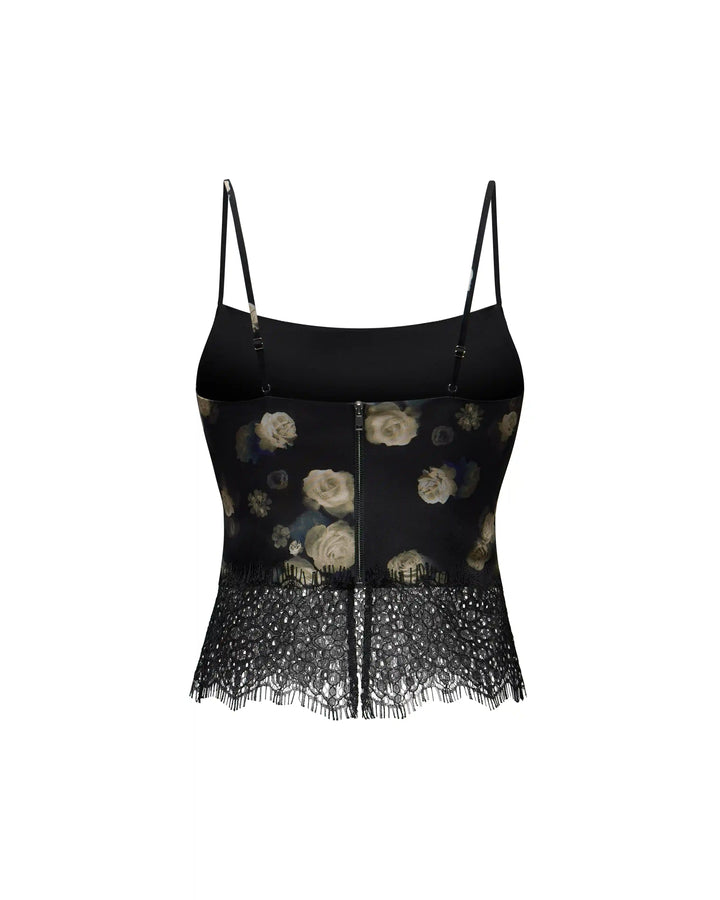 Cassie, top made of black chiffon with floral print and with lace trim