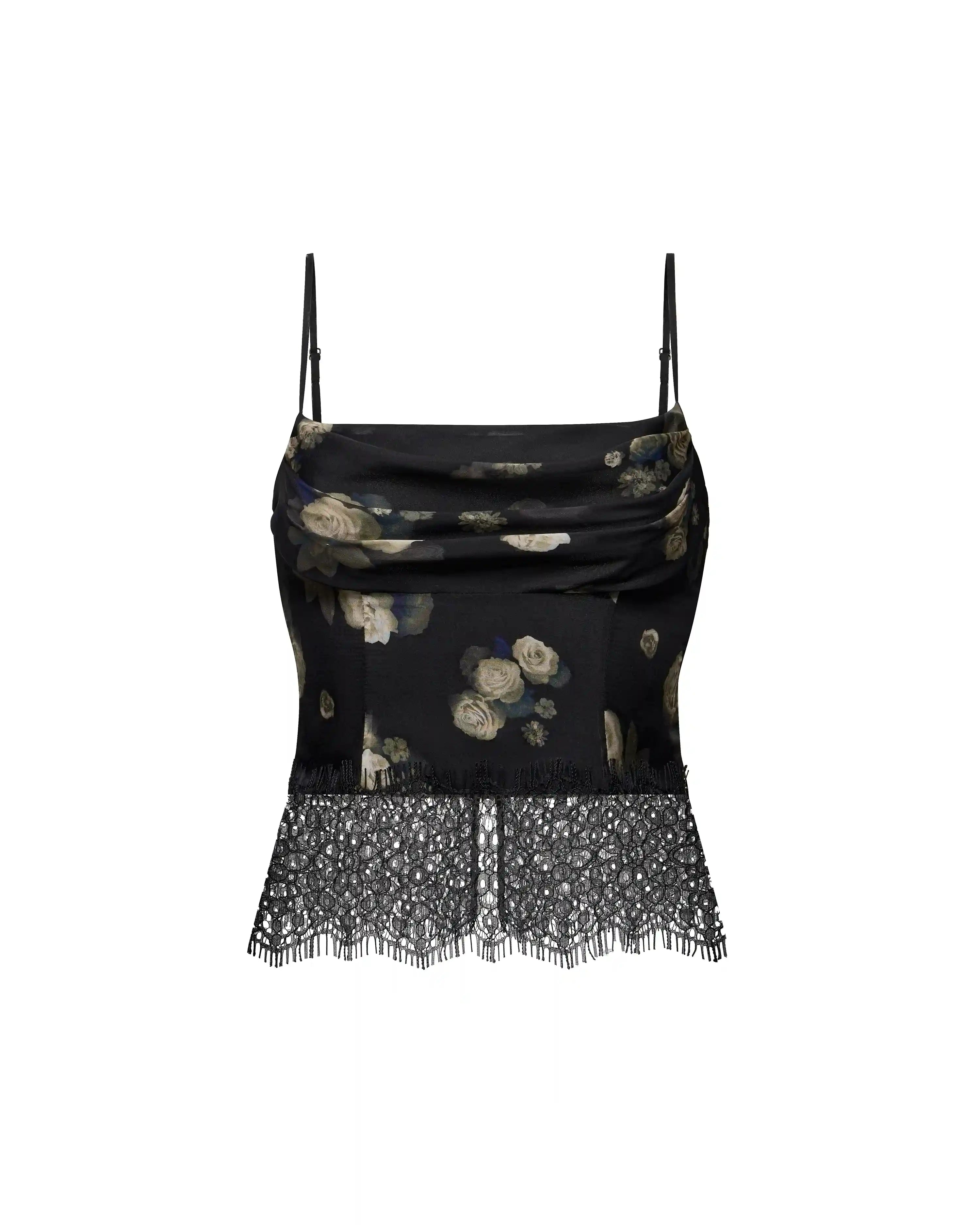 Cassie, top made of black chiffon with floral print and with lace trim