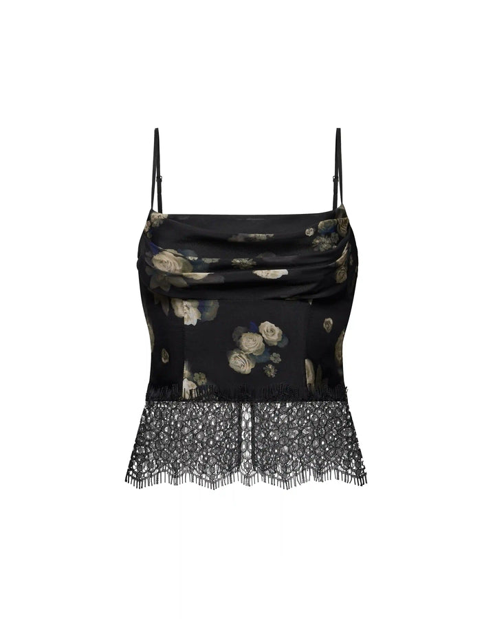 Cassie, top made of black chiffon with floral print and with lace trim