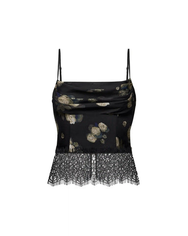Cassie, top made of black chiffon with floral print and with lace trim