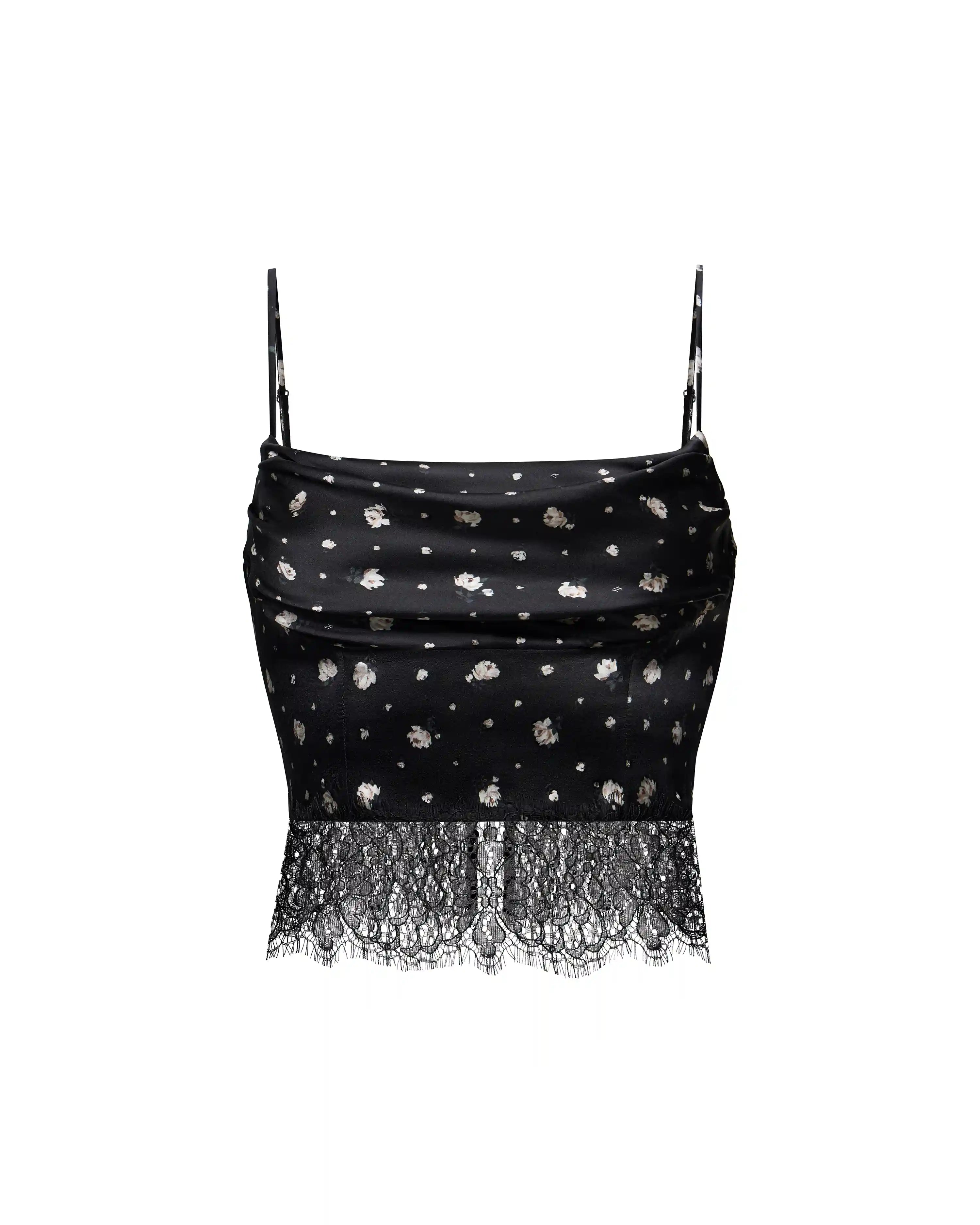 Cassie, top made of black satin with small floral print