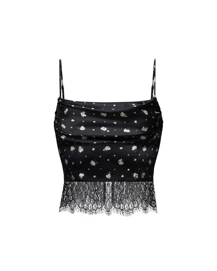 Cassie, top made of black satin with small floral print
