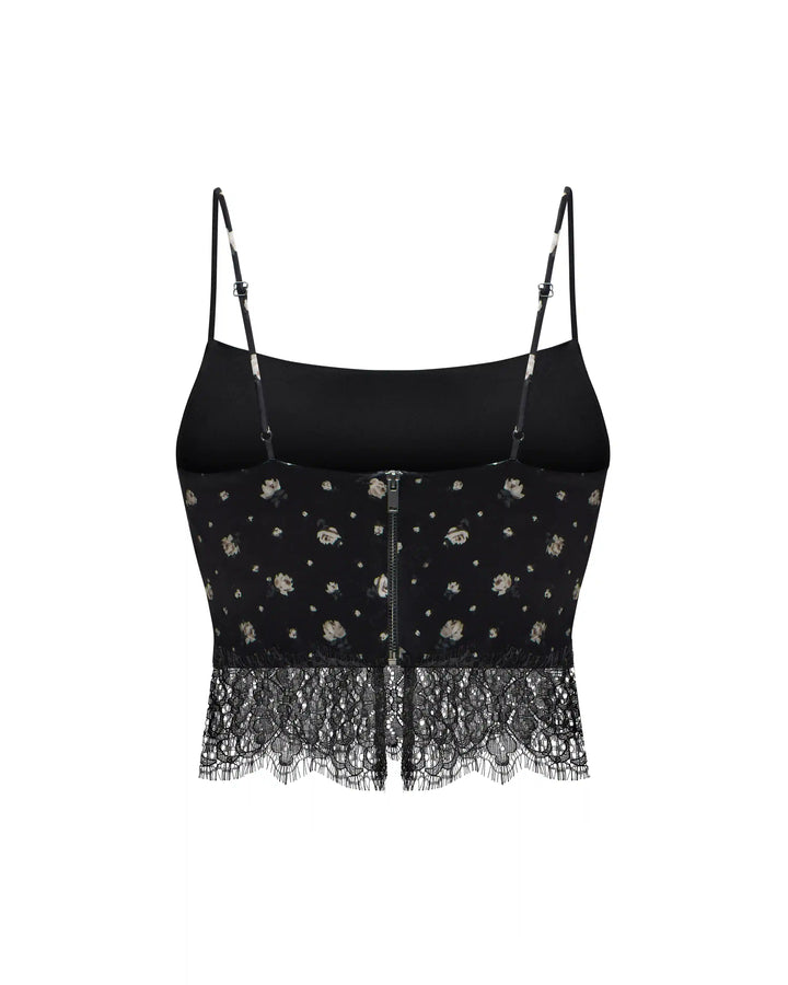 Cassie, top made of black satin with small floral print