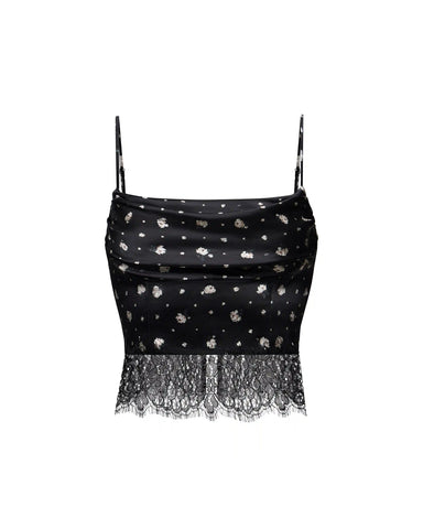 Cassie, top made of black satin with small floral print