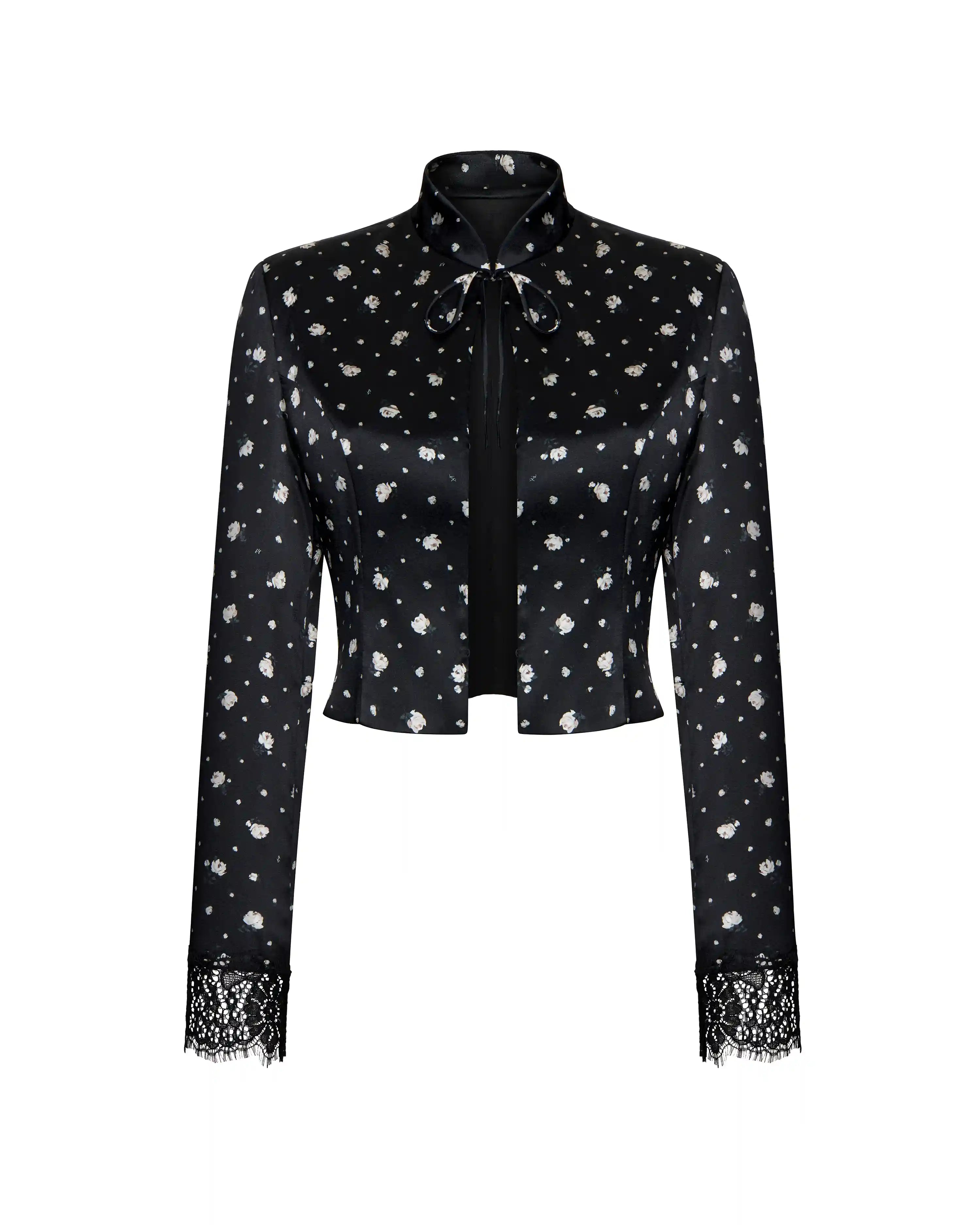 Chona, jacket made of black satin with small floral print