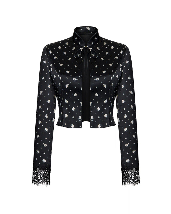 Chona, jacket made of black satin with small floral print