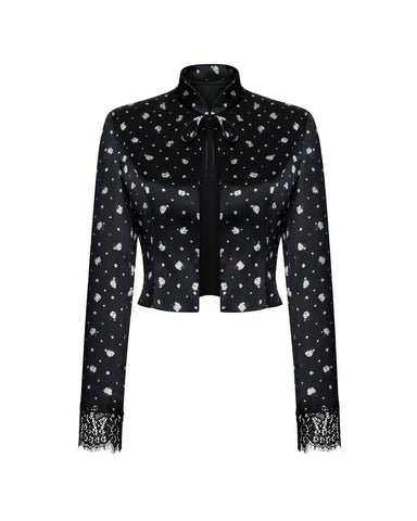 Chona, jacket made of black satin with small floral print