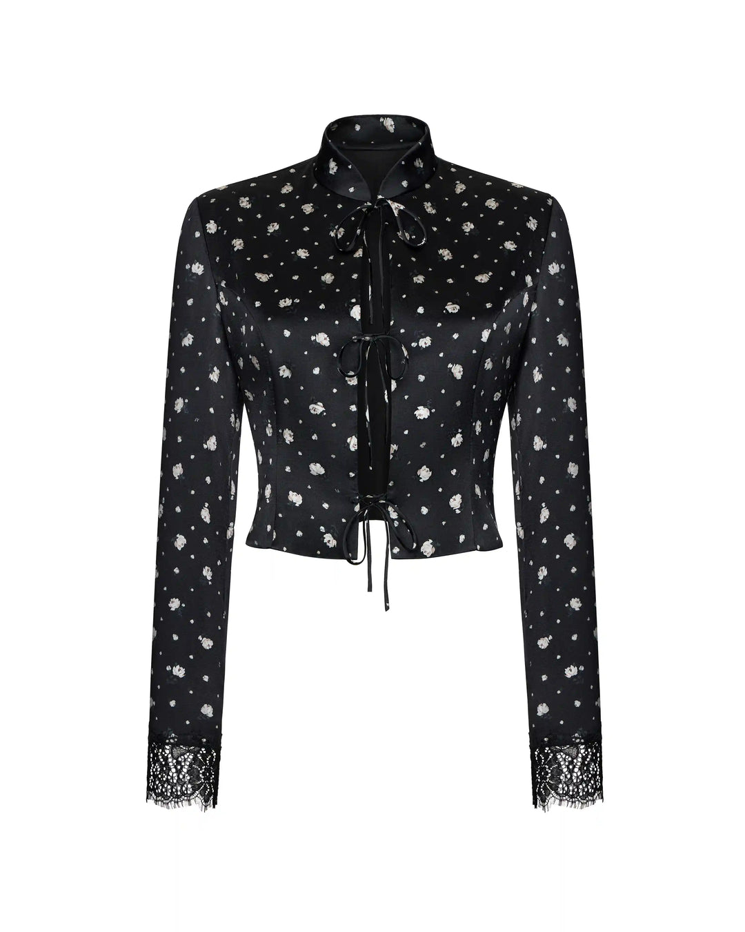 Chona, jacket made of black satin with small floral print