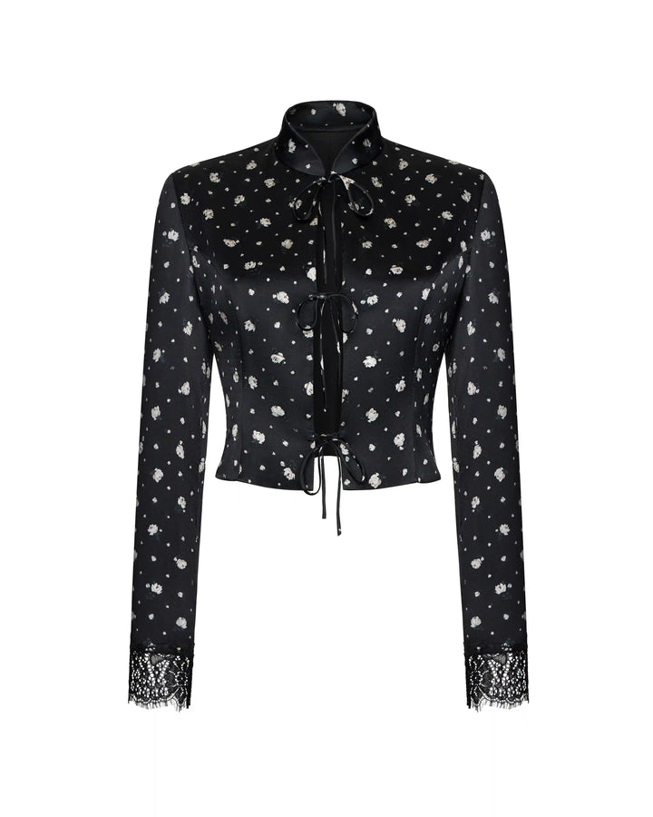 Chona, jacket made of black satin with small floral print