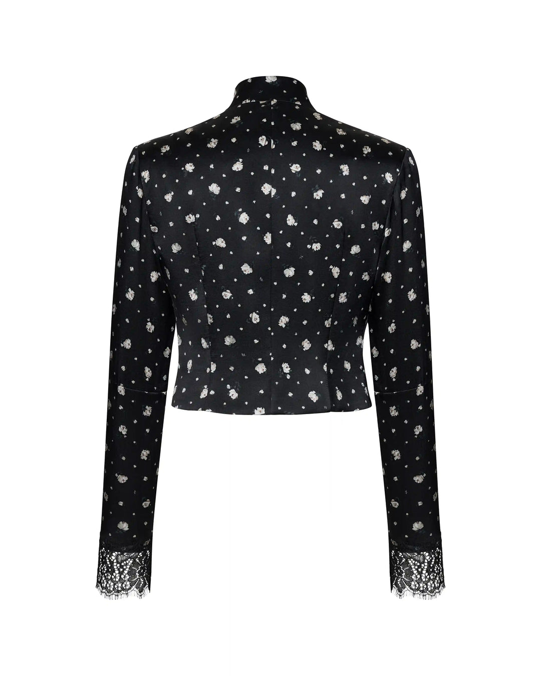 Chona, jacket made of black satin with small floral print