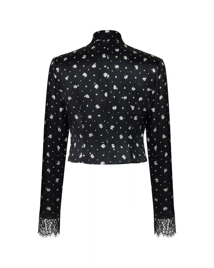 Chona, jacket made of black satin with small floral print