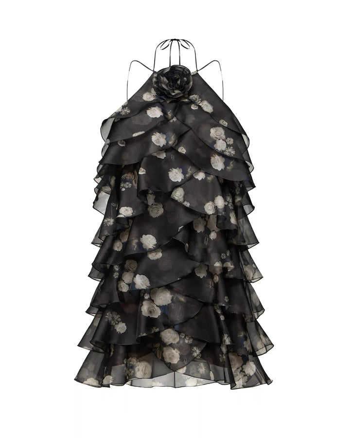 Dahlia, mini dress made of black organza with floral print