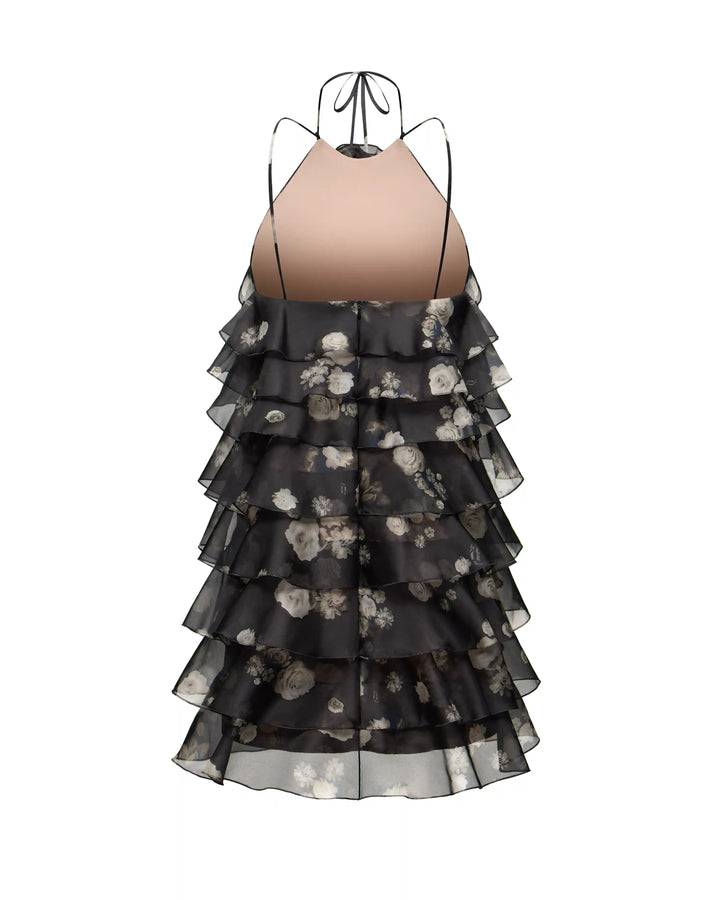 Dahlia, mini dress made of black organza with floral print