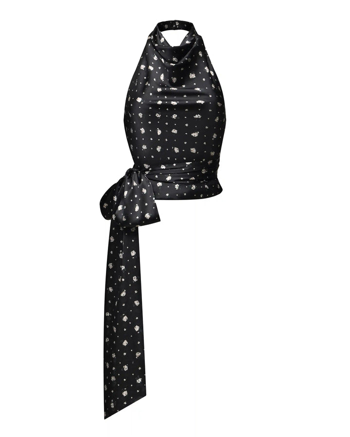 Eliana, top made of black satin with small floral print