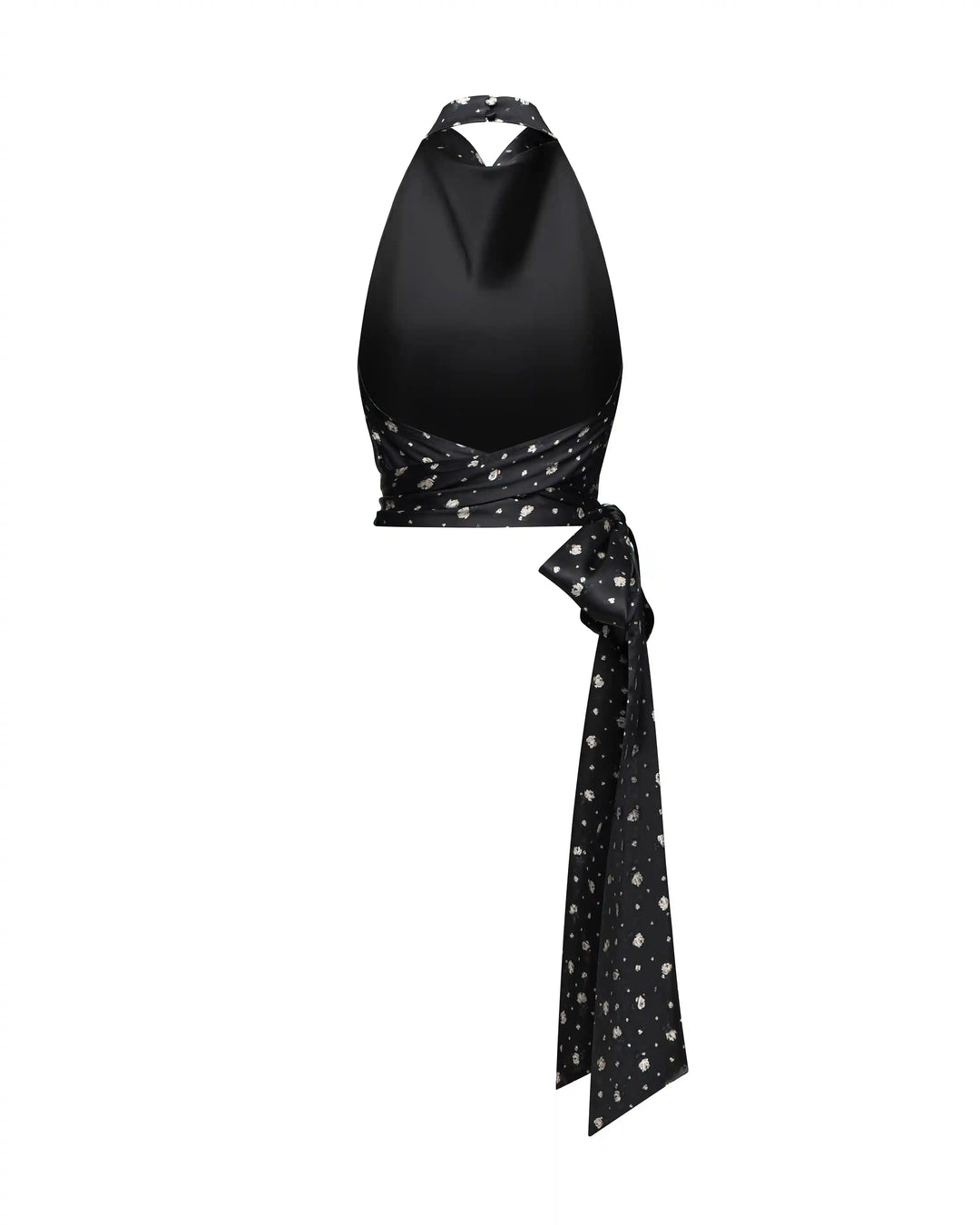Eliana, top made of black satin with small floral print