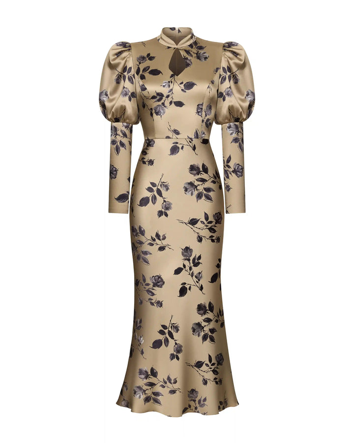 Giannetta midi, midi dress made of beige satin with medium floral print