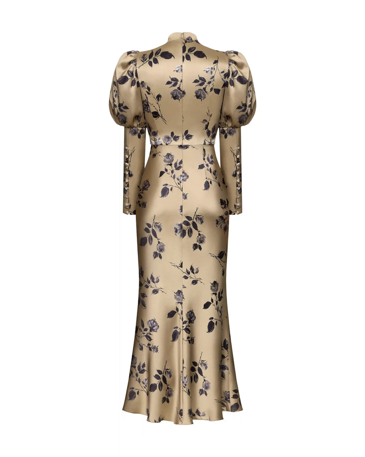 Giannetta midi, midi dress made of beige satin with medium floral print