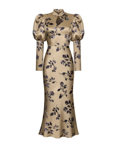 Giannetta midi, midi dress made of beige satin with medium floral print