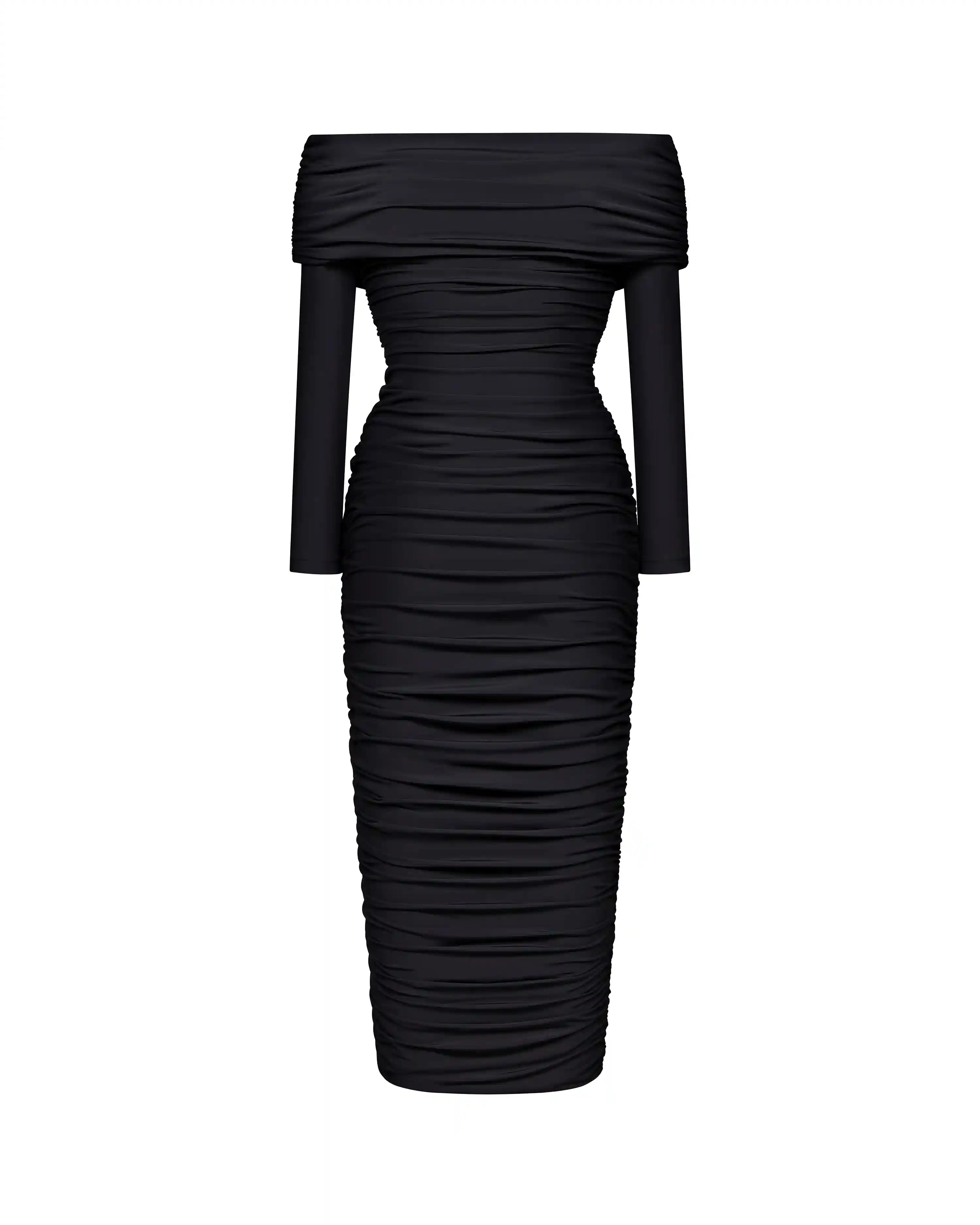Iry midi, draped midi dress with long sleeves made of black biflex