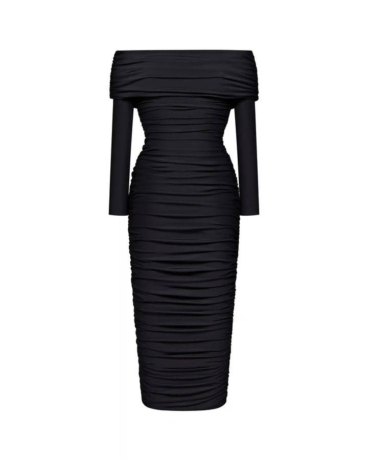 Iry midi, draped midi dress with long sleeves made of black biflex