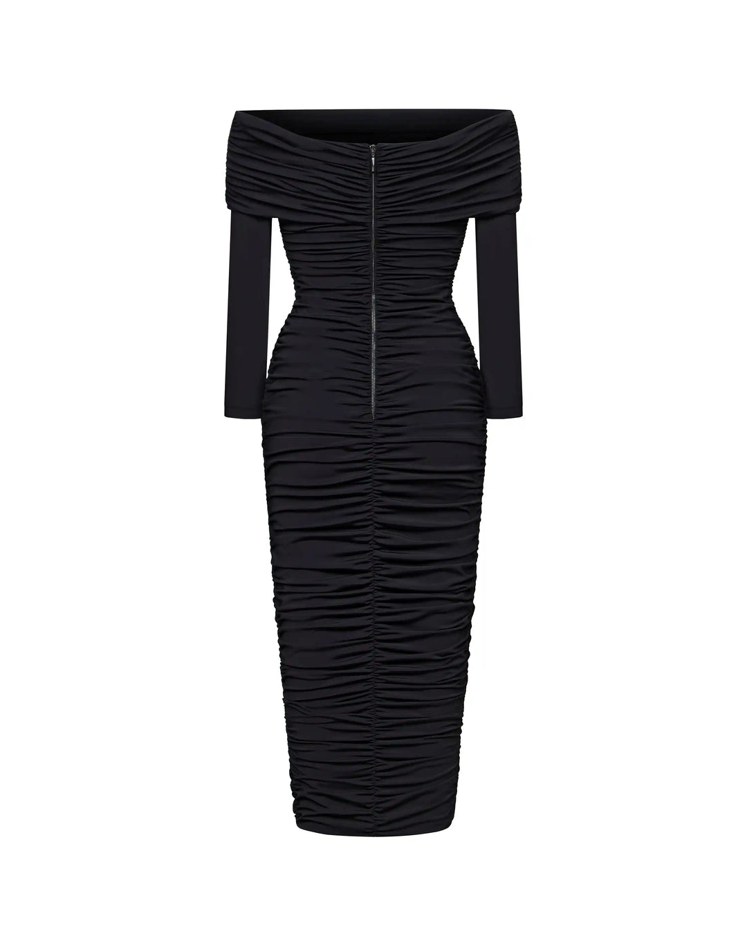 Iry midi, draped midi dress with long sleeves made of black biflex