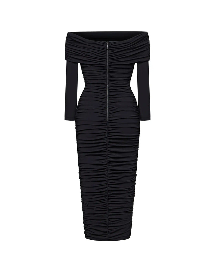 Iry midi, draped midi dress with long sleeves made of black biflex