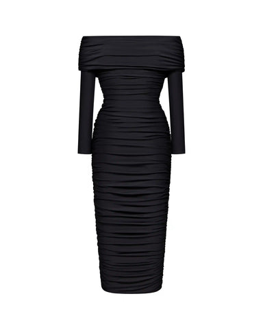 Iry midi, draped midi dress with long sleeves made of black biflex