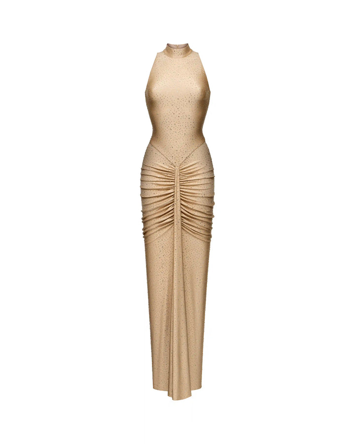 Ivy, maxi dress made of beige biflex with rhinestones