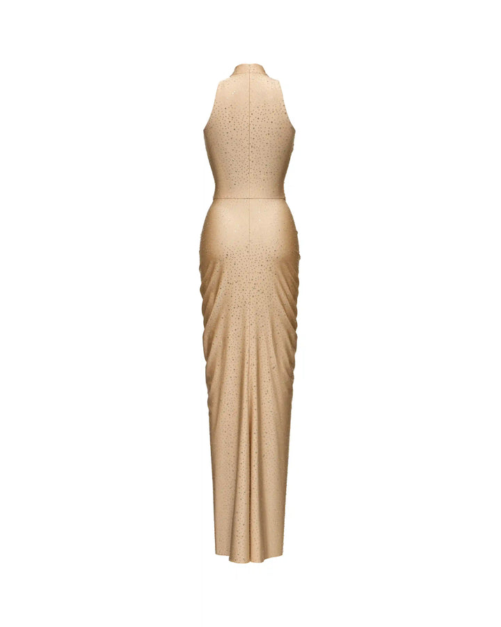 Ivy, maxi dress made of beige biflex with rhinestones