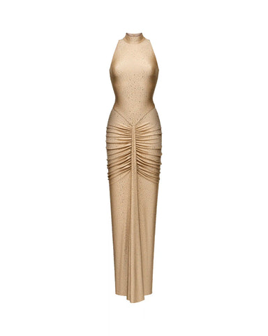 Ivy, maxi dress made of beige biflex with rhinestones