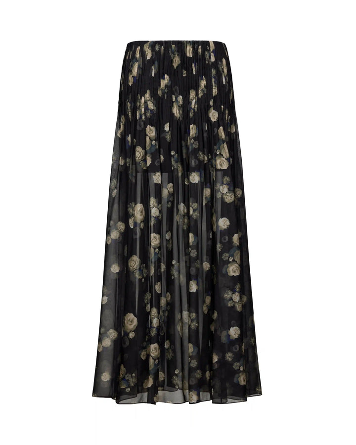 Iya, maxi skirt made of black chiffon with floral print